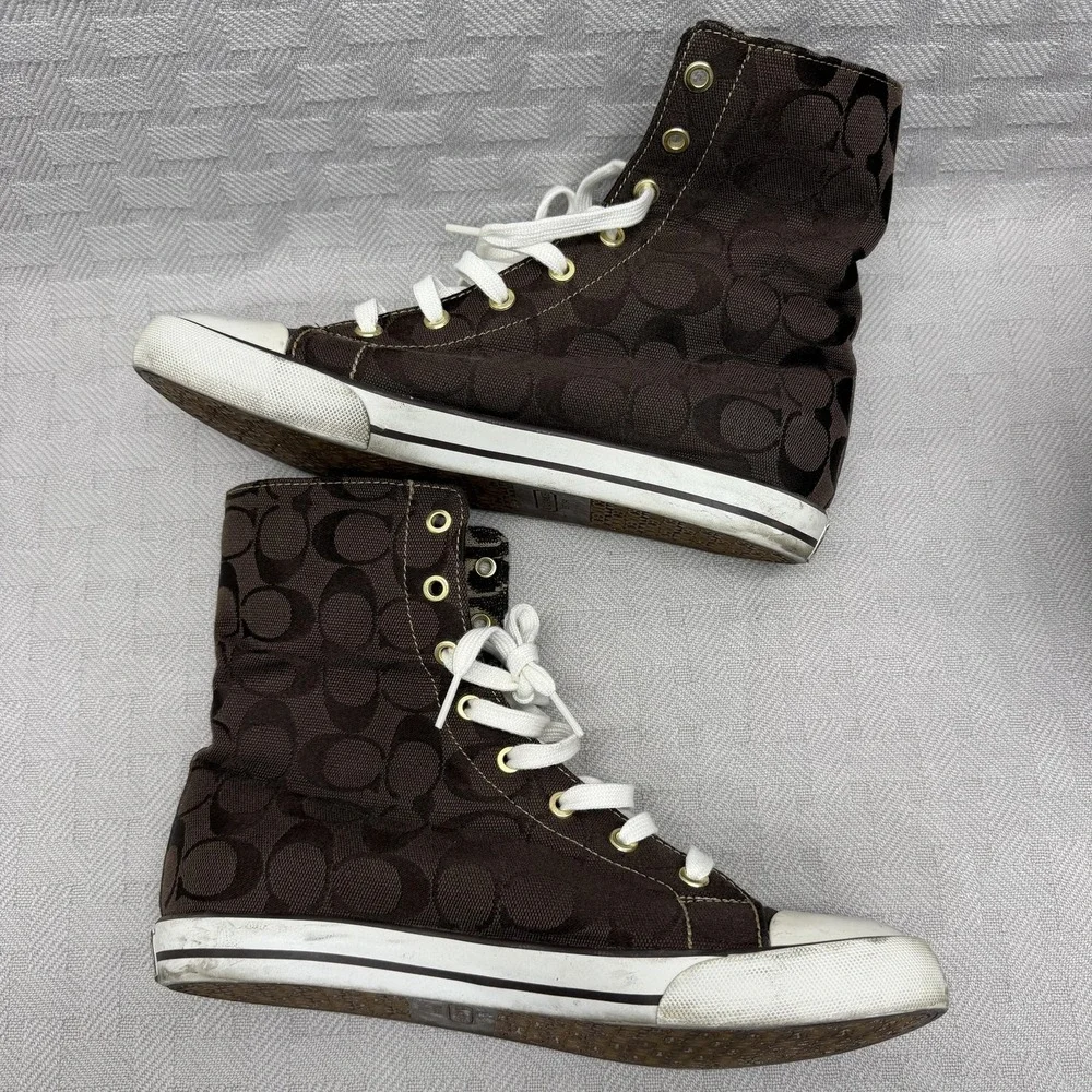 Coach Bonney Shoes Womens Size 9 Brown Canvas High Top Sneakers Coach Signature